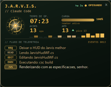HUD do Jarvis: reator, métricas da sessão e feed de telemetria
